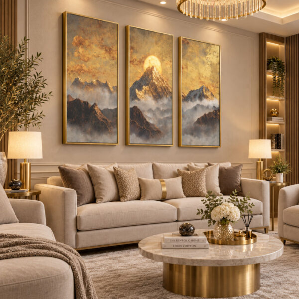 Gold Ahşap Çerçeveli - 50x100cm Muhteşem Dağ Manzarası Üçlü Kanvas Tuval Tablo Seti - VOOV9129