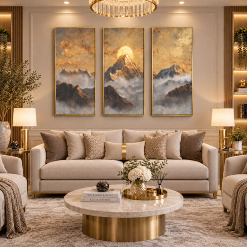 Gold Ahşap Çerçeveli - 50x100cm Muhteşem Dağ Manzarası Üçlü Kanvas Tuval Tablo Seti - VOOV9129