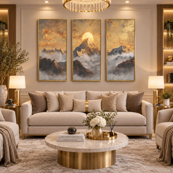Gold Ahşap Çerçeveli - 50x100cm Muhteşem Dağ Manzarası Üçlü Kanvas Tuval Tablo Seti - VOOV9129