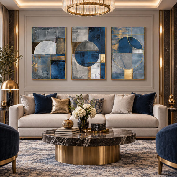 Gold Ahşap Çerçeveli - 60x90cm Gold Detaylı Geometrik Soyut Üçlü Kanvas Tuval Tablo Seti - VOOV9130