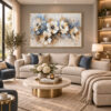 Eskitme Gold Çerçeveli - 105x143cm Gold Detaylı Mavi Beyaz Çiçekler Kanvas Tuval Tablo - VOOV9128