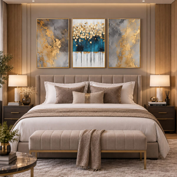 Gold Ahşap Çerçeveli - 60x90cm Gold Detaylı Turkuaz Soyut Üçlü Kanvas Tuval Tablo Seti - VOOV9131
