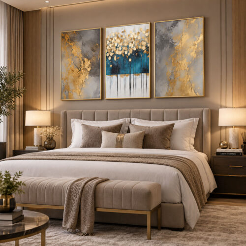 Gold Ahşap Çerçeveli - 60x90cm Gold Detaylı Turkuaz Soyut Üçlü Kanvas Tuval Tablo Seti - VOOV9131