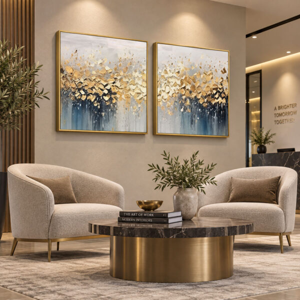 Gold Ahşap Çerçeveli - 75x75cm Gold Petrol Mavisi Soyut İkili Kanvas Tuval Tablo Seti  - VOOV9133