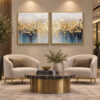 Gold Ahşap Çerçeveli - 75x75cm Gold Petrol Mavisi Soyut İkili Kanvas Tuval Tablo Seti  - VOOV9133