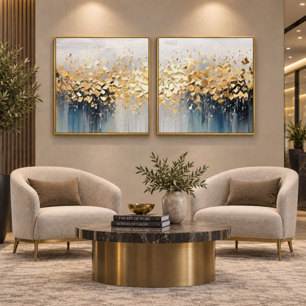 Gold Ahşap Çerçeveli - 75x75cm Gold Petrol Mavisi Soyut İkili Kanvas Tuval Tablo Seti  - VOOV9133
