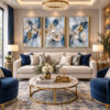 Gold Ahşap Çerçeveli - 60x90cm Gold Detaylı Mavi Yapraklı Beyaz Çiçekler Üçlü Kanvas Tuval Tablo Seti - VOOV9126