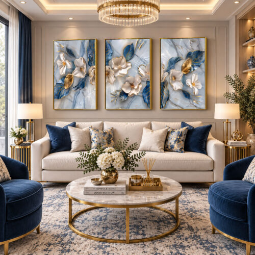 Gold Ahşap Çerçeveli - 60x90cm Gold Detaylı Mavi Yapraklı Beyaz Çiçekler Üçlü Kanvas Tuval Tablo Seti - VOOV9126