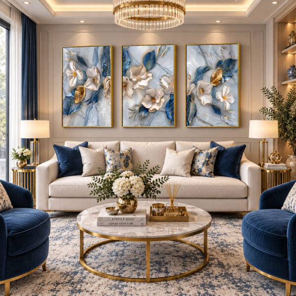 Gold Ahşap Çerçeveli - 60x90cm Gold Detaylı Mavi Yapraklı Beyaz Çiçekler Üçlü Kanvas Tuval Tablo Seti - VOOV9126