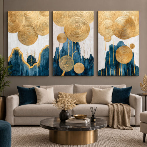 Gold Daireler ve Mavi Dağlar Kanvas Duvar Tablosu 3'lü Canvas Tablo Seti - VOOV6092
