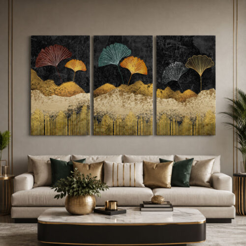 Dekoratif Yapraklar Soyut Kanvas Duvar Tablosu 3'lü Canvas Tablo Seti - VOOV6070