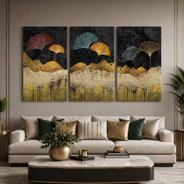 Dekoratif Yapraklar Soyut Kanvas Duvar Tablosu 3'lü Canvas Tablo Seti - VOOV6070