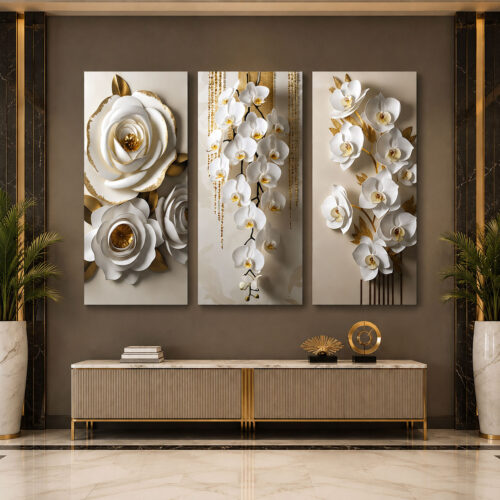 Gold Detaylı Beyaz Orkide ve Çiçekler Kanvas Duvar Tablosu - 3'lü Canvas Tablo Seti - VOOV6061