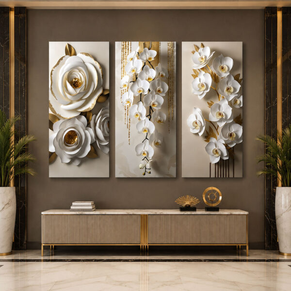 Gold Detaylı Beyaz Orkide ve Çiçekler Kanvas Duvar Tablosu - 3'lü Canvas Tablo Seti - VOOV6061