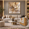 Gold Ahşap Çerçeveli - 100x100cm Gold Soyut Çiçek Patlaması Kanvas Tuval Tablo - VOOV9122