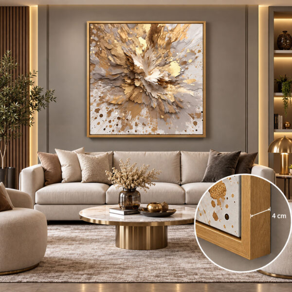 Gold Ahşap Çerçeveli - 100x100cm Gold Soyut Çiçek Patlaması Kanvas Tuval Tablo - VOOV9122