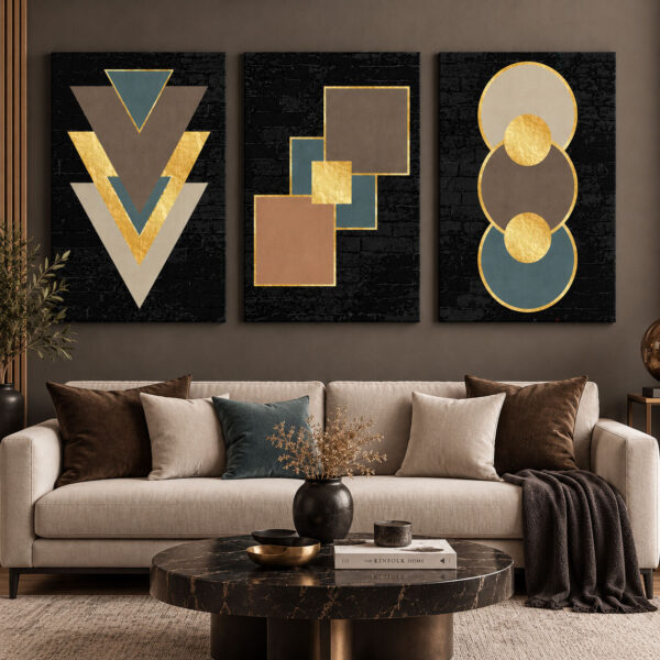 Gold Geometrik Formlar - Üçlü Kanvas Tuval Tablo Seti - VOOV6103