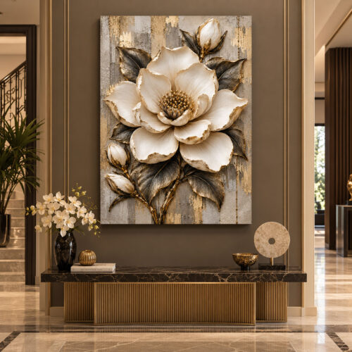 Gold Akış Gri Bej Modern Soyut Çiçek Tuval Kanvas Tablo - VOOV3680