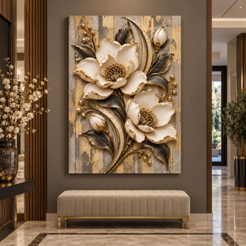 Gold Gri Bej Modern Soyut Çiçek Tuval Kanvas Tablo - VOOV3682