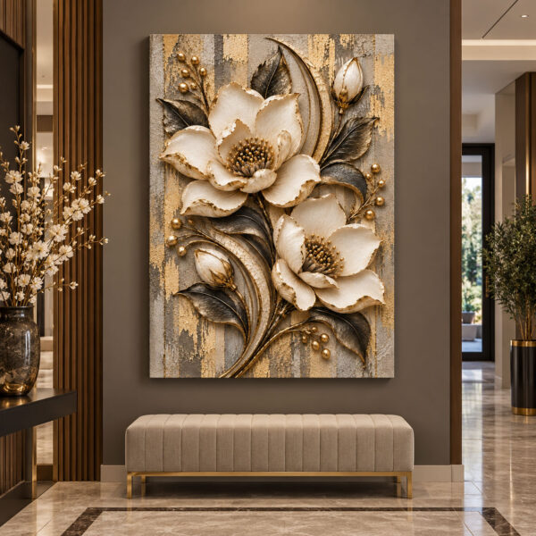 Gold Gri Bej Modern Soyut Çiçek Tuval Kanvas Tablo - VOOV3682