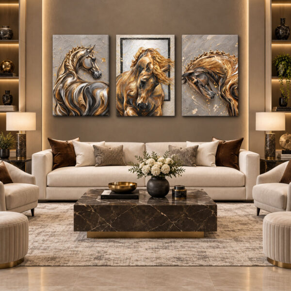 Altın Asalet Üçlü At - Gold Gri Füme - Üçlü Kanvas Tuval Tablo Seti - VOOV6175