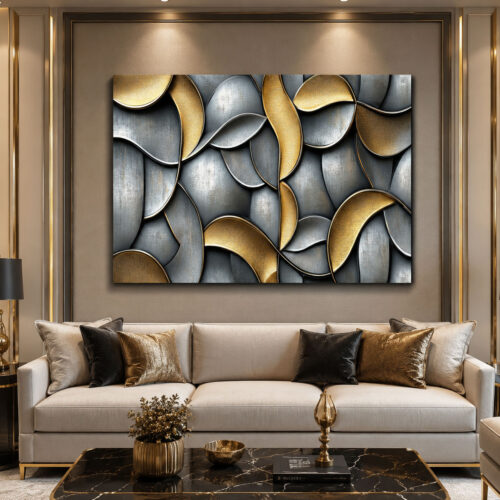Gold Gri Geometrik Modern Soyut Kanvas Tablo- VOOV3650