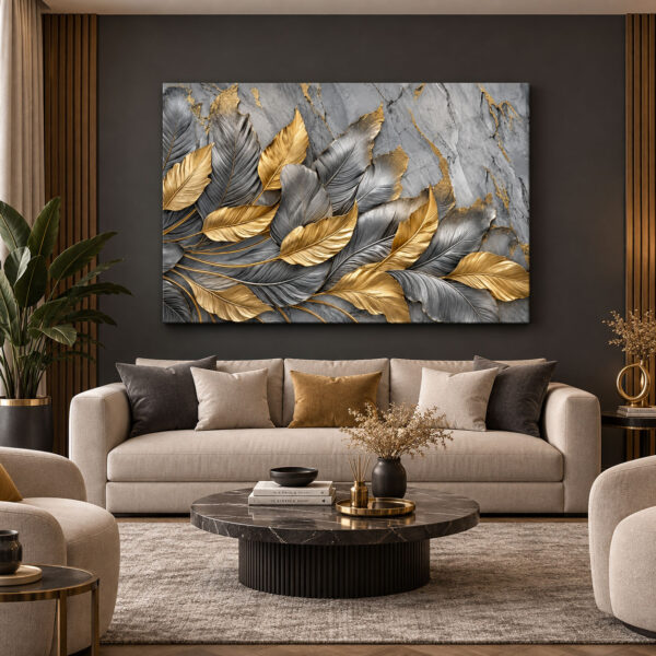 Gold Gri Yapraklar - Lüks Tuval Kanvas Tablo - VOOV3761