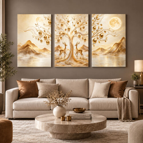 Gold Hayat Ağacı ve Geyikler - Üçlü Kanvas Tuval Tablo Seti - VOOV6151