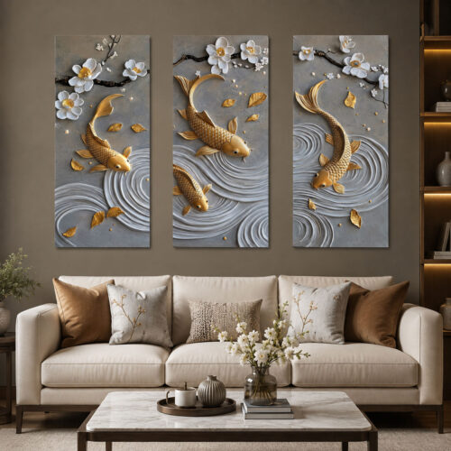 Gold Koi Balıkları Kanvas Duvar Tablosu - 3'lü Canvas Tablo Seti - VOOV6045