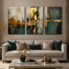 Gold Petrol Yeşili Modern Soyut Kanvas Duvar Tablosu 3'lü Canvas Tablo Seti - VOOV6073