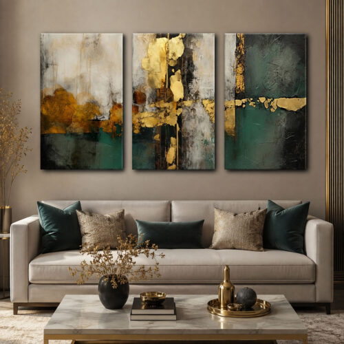 Gold Petrol Yeşili Modern Soyut Kanvas Duvar Tablosu 3'lü Canvas Tablo Seti - VOOV6073