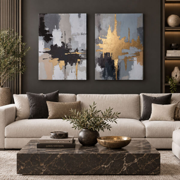Gold Siyah Gri Modern Soyut - İkili Kanvas Tuval Tablo Seti - VOOV6123