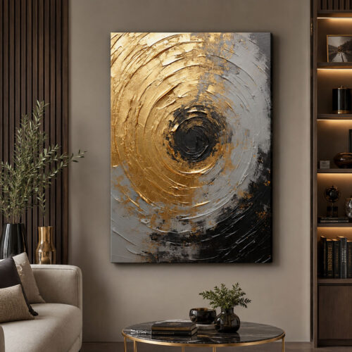 Gold Siyah Gri Spiral Soyut Kanvas Tablo - VOOV3643