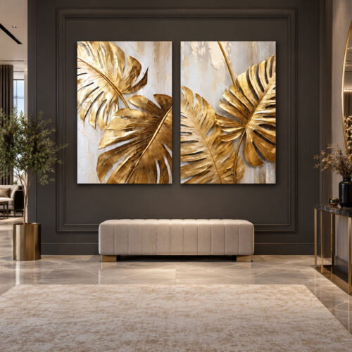 Gold Tropikal Monstera Yaprakları - İkili Kanvas Tuval Tablo Seti - VOOV6165