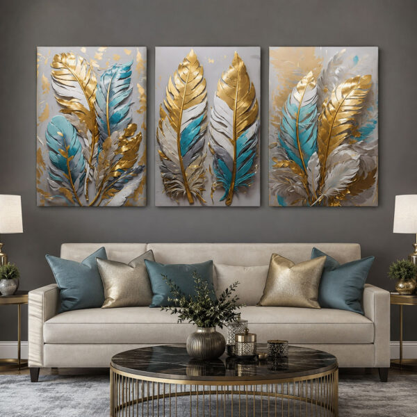 Gold Turkuaz Tüyler Kanvas Duvar Tablosu 3'lü Canvas Tablo Seti - VOOV6056