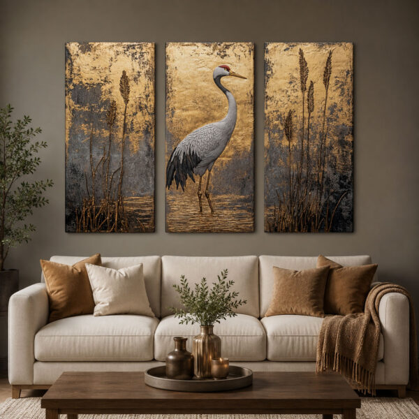 Gold Turna Kuşu Kanvas Duvar Tablosu - 3'lü Canvas Tablo Seti - VOOV6044