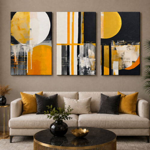 Hardal Sarısı Lacivert Gold Modern Soyut Kanvas Duvar Tablosu 3'lü Canvas Tablo Seti - VOOV6083