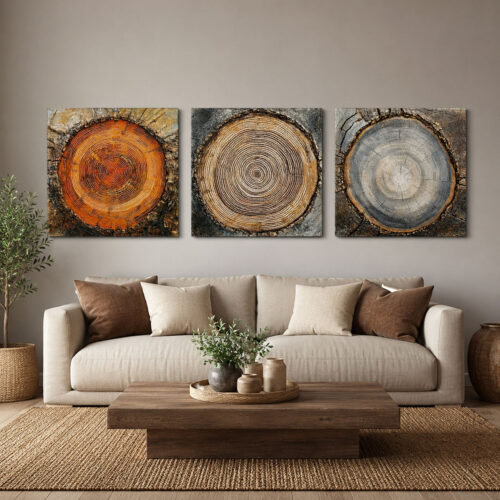 Ağaç Halkaları Kanvas Duvar Tablosu - 3'lü Canvas Tablo Seti - VOOV4160