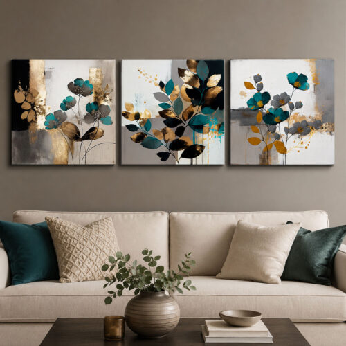 Turkuaz Gold Soyut Çiçekler Kanvas Duvar Tablosu - 3'lü Canvas Tablo Seti - VOOV4168