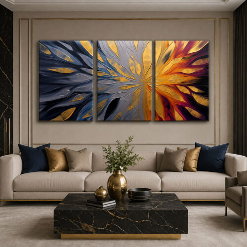 Lacivert Bordo Gold Modern Soyut Kanvas Duvar Tablosu 3'lü Canvas Tablo Seti - VOOV6069