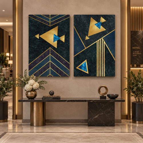 Lacivert Gold Geometrik - İkili Kanvas Tuval Tablo Seti - VOOV6121