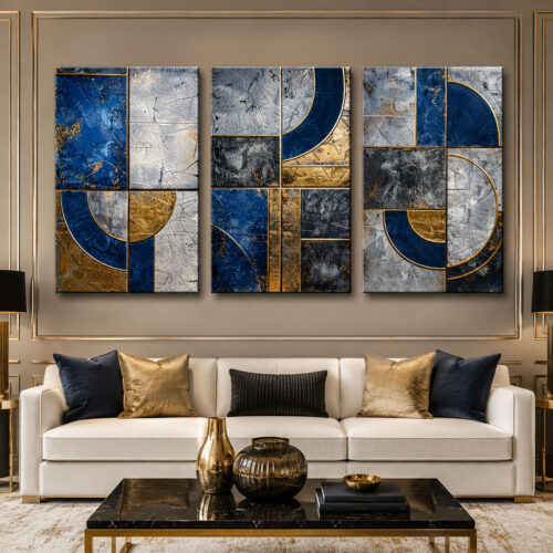 Lacivert Gold Geometrik Soyut Kanvas Duvar Tablosu 3'lü Canvas Tablo Seti - VOOV6075