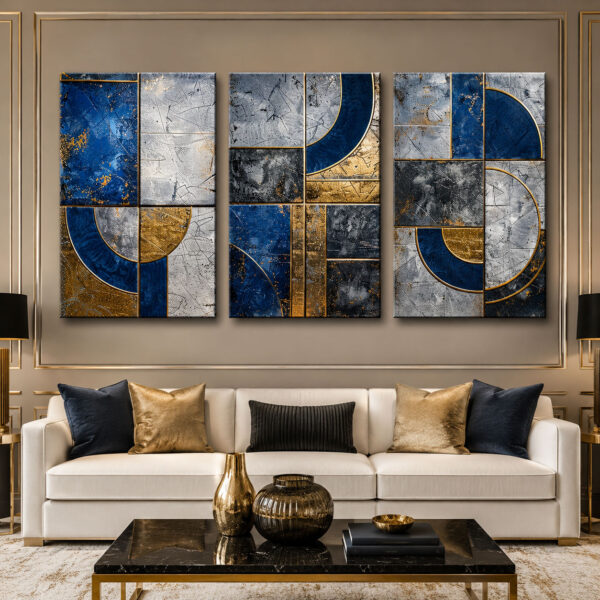 Lacivert Gold Geometrik Soyut Kanvas Duvar Tablosu 3'lü Canvas Tablo Seti - VOOV6075