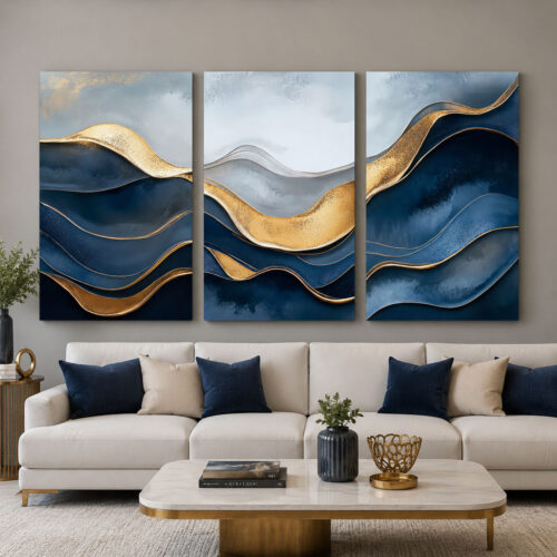 Lacivert Gold Soyut Dalga Kanvas Duvar Tablosu 3'lü Canvas Tablo Seti - VOOV6084