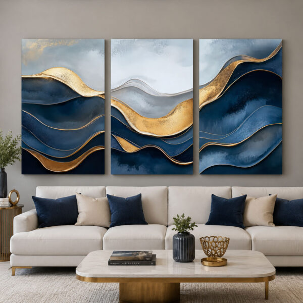 Lacivert Gold Soyut Dalga Kanvas Duvar Tablosu 3'lü Canvas Tablo Seti - VOOV6084