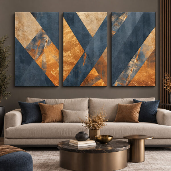 Lacivert Kahve Modern Geometrik - Üçlü Kanvas Tuval Tablo Seti - VOOV6099