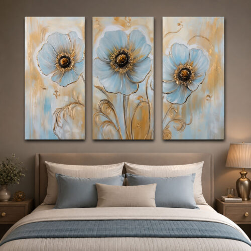 Mavi Gold Çiçekler Kanvas Duvar Tablosu - 3'lü Canvas Tablo Seti - VOOV6050