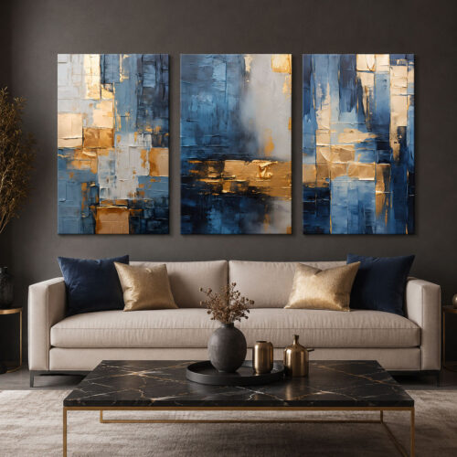 Mavi Gold Geometrik Soyut Kanvas Duvar Tablosu 3'lü Canvas Tablo Seti - VOOV6067