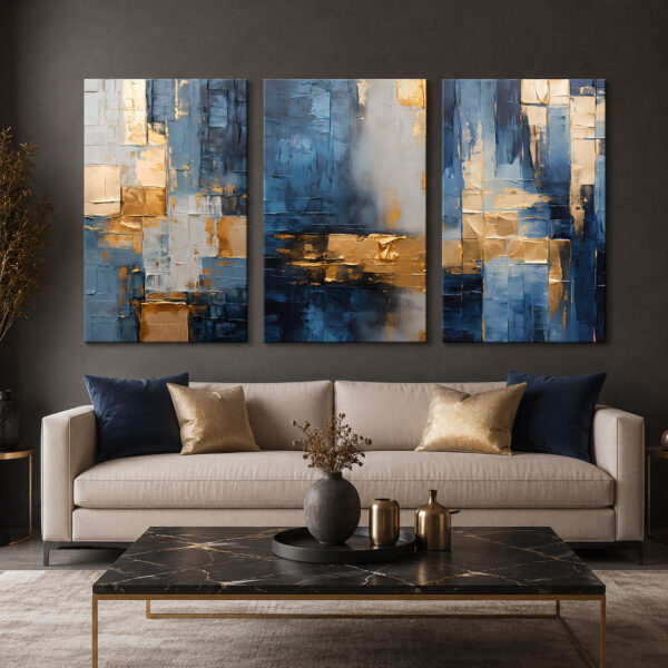 Mavi Gold Geometrik Soyut Kanvas Duvar Tablosu 3'lü Canvas Tablo Seti - VOOV6067