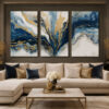Mavi Gold Mermer Desenli Soyut Kanvas Duvar Tablosu 3'lü Canvas Tablo Seti - VOOV6077